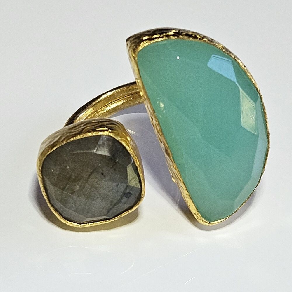 Ottoman Hands 21ct Gold Plated Aqua Chacedony And Labradorite Half Moon Ring